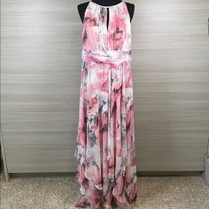 R&M Richards Pink Gray Metallic Floral Flowy Halter Chiffon Maxi Dress Size 12